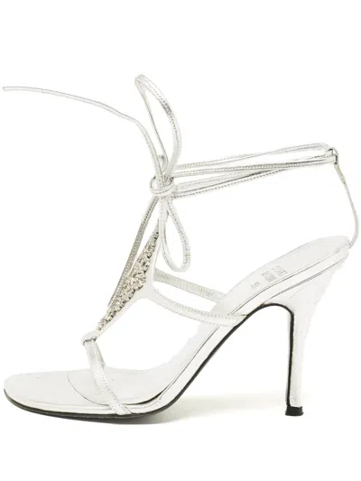 Pre-owned Stuart Weitzman 95mm Rhinestone-embellished Ankle-strap Sandals In Silver