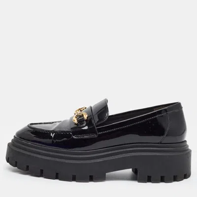 Pre-owned Stuart Weitzman Accent Size 36 Black Patent Leather Chain-link Platform Loafers