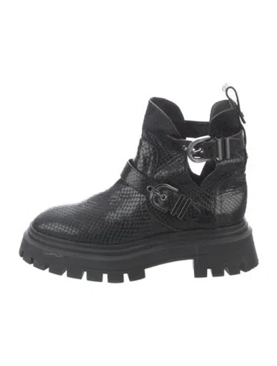 Pre-owned Stuart Weitzman Animal Print Cutout Accent Combat Boots In Black