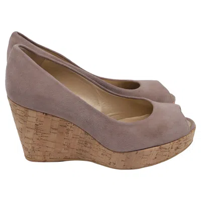 Pre-owned Stuart Weitzman Anna Peep-toe Wedge Pumps In Brown Suede In Gray