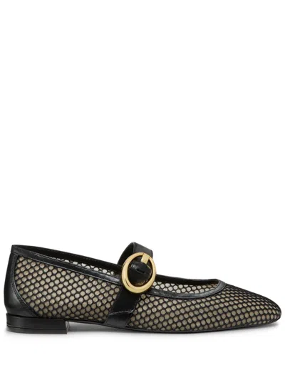 Stuart Weitzman Arabella Buckled Leather-trimmed Mesh Mary Jane Flats In Black
