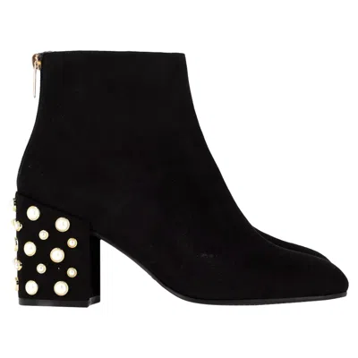 Stuart Weitzman Bacari Pearl Stud Block Heel Booties In Black Suede