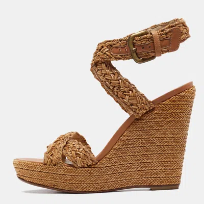 Pre-owned Stuart Weitzman Beige Leather And Raffia Braided Platform Wedge Sandals Size 39.5