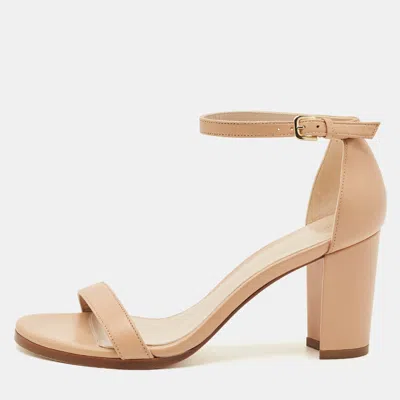 Pre-owned Stuart Weitzman Beige Leather Bambina Block Heel Ankle Strap Sandals Size 37