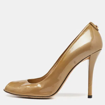 Stuart Weitzman Beige Patent Leather Peep Toe Pumps In Sand