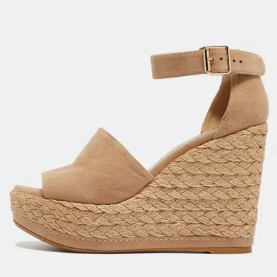 Stuart Weitzman Beige Suede Ankle Strap Platform Espadrille Sandals