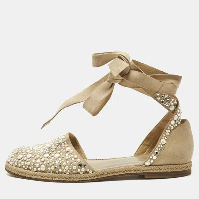Pre-owned Stuart Weitzman Beige Suede Crystal Embellished Ankle Wrap Flat Espadrilles Size 41 In Sand