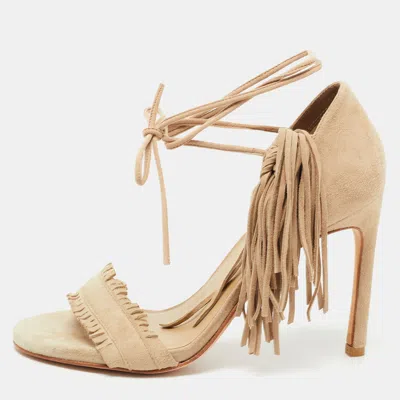 Pre-owned Stuart Weitzman Beige Suede Fringe Ankle Wrap Sandals Size 36