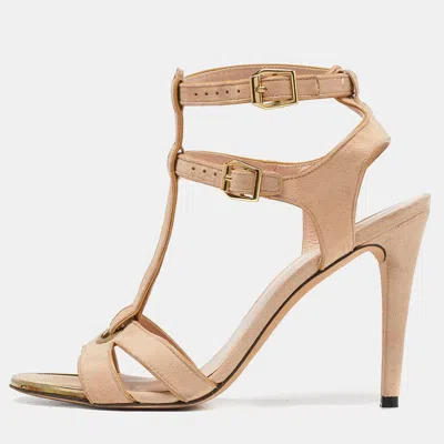 Pre-owned Stuart Weitzman Beige Suede Open Toe T-strap Sandals Size 39.5