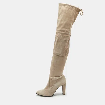 Pre-owned Stuart Weitzman Beige Suede Yuliana 85 Knee Length Boots Size 39 In White