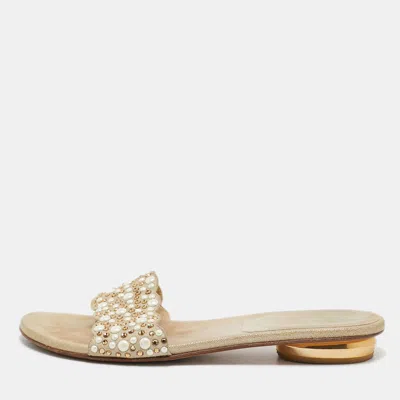 Stuart Weitzman Beige Textured Suede Studded Thong Slides In Neutral