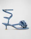 STUART WEITZMAN BELIZE DENIM FLOWER ANKLE-STRAP SANDALS