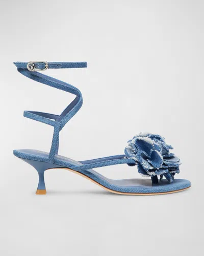 Stuart Weitzman Belize Denim Flower Ankle-strap Sandals In Blue