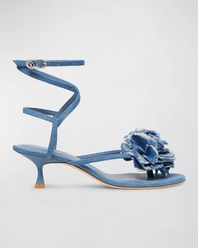 Stuart Weitzman Belize Denim Flower Ankle-strap Sandals In Washed Blue Denim