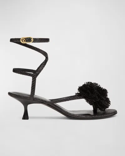 Stuart Weitzman Belize Flower Thong Ankle-strap Sandals In Black