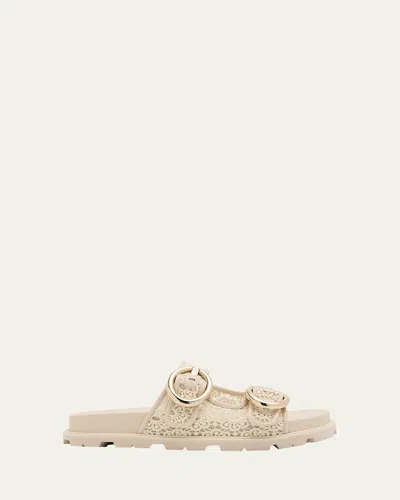 STUART WEITZMAN BENNI LACE DOUBLE-BUCKLE SLIDE SANDALS