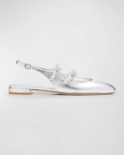 Stuart Weitzman Benni Metallic Mary Jane Ballerina Flats In White