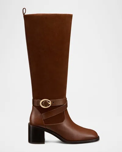 Stuart Weitzman Benni Mixed Leather Riding Boots In Brown