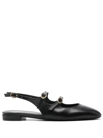 Stuart Weitzman Buckle Cut-out Leather Slingback Ballerina Shoes In Black