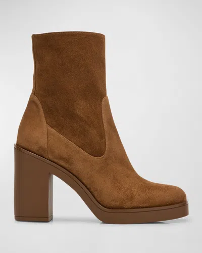Stuart Weitzman Bethenny Zip Suede Block-heel Boots In Coffee Tonal