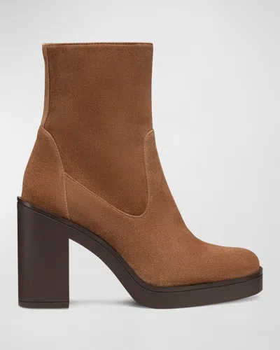 Stuart Weitzman Bethenny Zip Suede Block-heel Boots In Khaki
