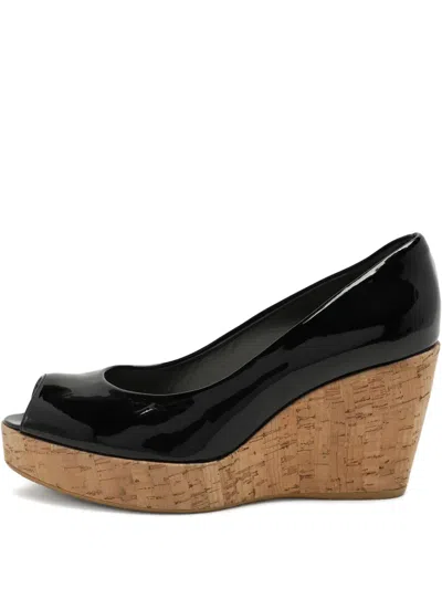 Pre-owned Stuart Weitzman Peep-toe Wedge-heel Sandals In Black