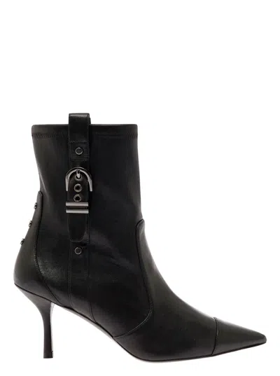 Stuart Weitzman Black Bootie With Buckle Detail And Stiletto Heel In Smooth Leather Woman
