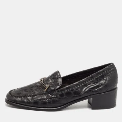 Pre-owned Stuart Weitzman Black Croc Embossed Leather Slip On Loafers Size 37.5