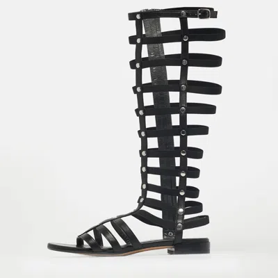 STUART WEITZMAN BLACK ELASTIC AND LEATHER GLADIATOR FLAT SANDALS