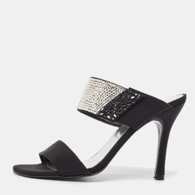 Stuart Weitzman Black Fabric Crystal Embellished Slide Sandals