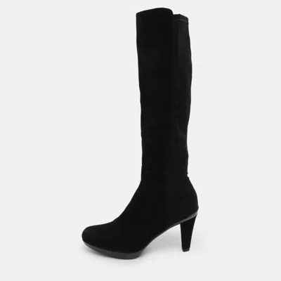 Pre-owned Stuart Weitzman Black Faux Suede And Stretch Fabric Knee Length Boots Size 35.5