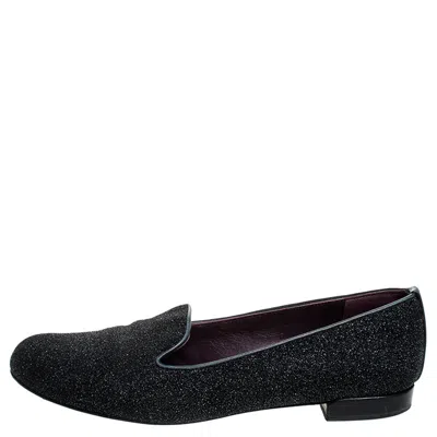 Stuart Weitzman Black Glitter Leather Smoking Slippers