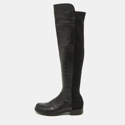 Pre-owned Stuart Weitzman Black Leather And Fabric Knee Length Boots Size 37.5