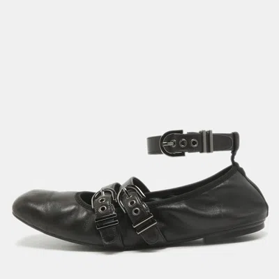 Pre-owned Stuart Weitzman Black Leather Bolshoi Buckle Detail Ballet Flats Size 40