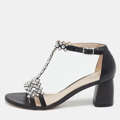 Pre-owned Stuart Weitzman Black Leather Studded T-strap Sandals Size 39
