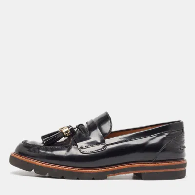 Pre-owned Stuart Weitzman Black Leather The Manila Tassel Slip On Loafers Size 40