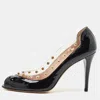 Stuart Weitzman Black Patent Leather And Pvc Studded Peep Toe Pumps In Multi
