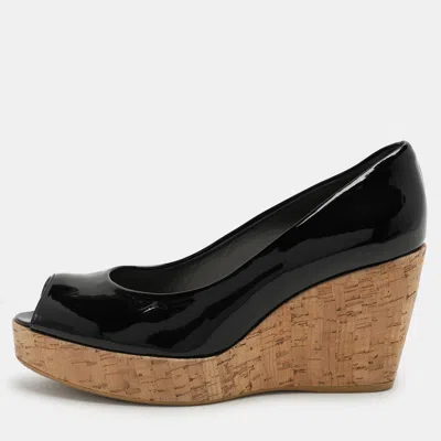 Stuart Weitzman Black Patent Leather Cork Wedge Pumps