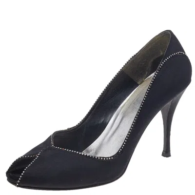 Stuart Weitzman Black Satin Embellished Peep Toe Pumps