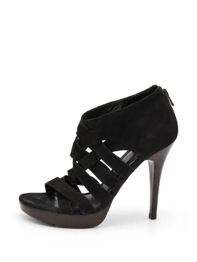 Pre-owned Stuart Weitzman Black Suede Cross Strap Sandals Size 38.5