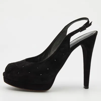 Stuart Weitzman Black Suede Crystal Embellished Platform Slingback Sandals