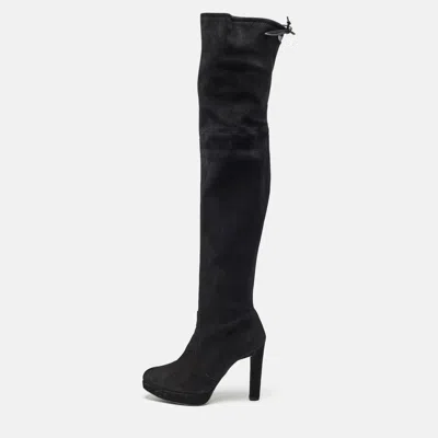 Pre-owned Stuart Weitzman Black Suede Leather Highland Over The Knee Boots Size 38.5