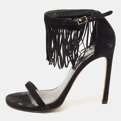 Stuart Weitzman Black Suede Love Fringe Ankle Strap Sandals