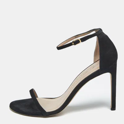 Stuart Weitzman Womens Squarenudist Black Suede Heel Sandal With Ankle Strap