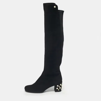 Pre-owned Stuart Weitzman Black Suede Pearl Studded Knee Length Boots Size 39