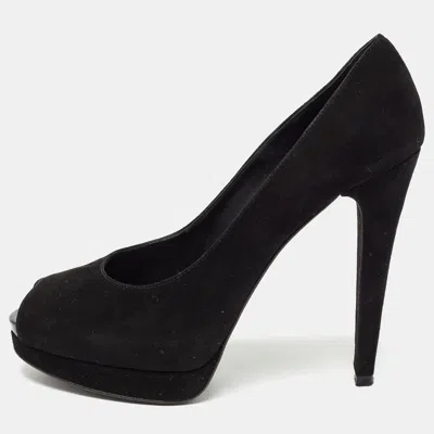 Pre-owned Stuart Weitzman Black Suede Peep Toe Pumps Size 38.5