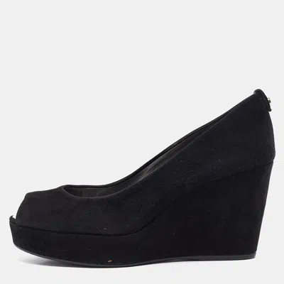 Pre-owned Stuart Weitzman Black Suede Peep Toe Wedge Pumps Size 39