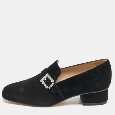 Stuart Weitzman Black Velvet Crystal Buckle Embellished Loafers
