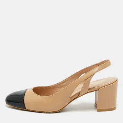 Pre-owned Stuart Weitzman Black/beige Leather And Patent Slingback Pumps Size 40