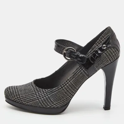 Pre-owned Stuart Weitzman Black/grey Patent Leather And Plaid Wool Marianne Pumps Size 38